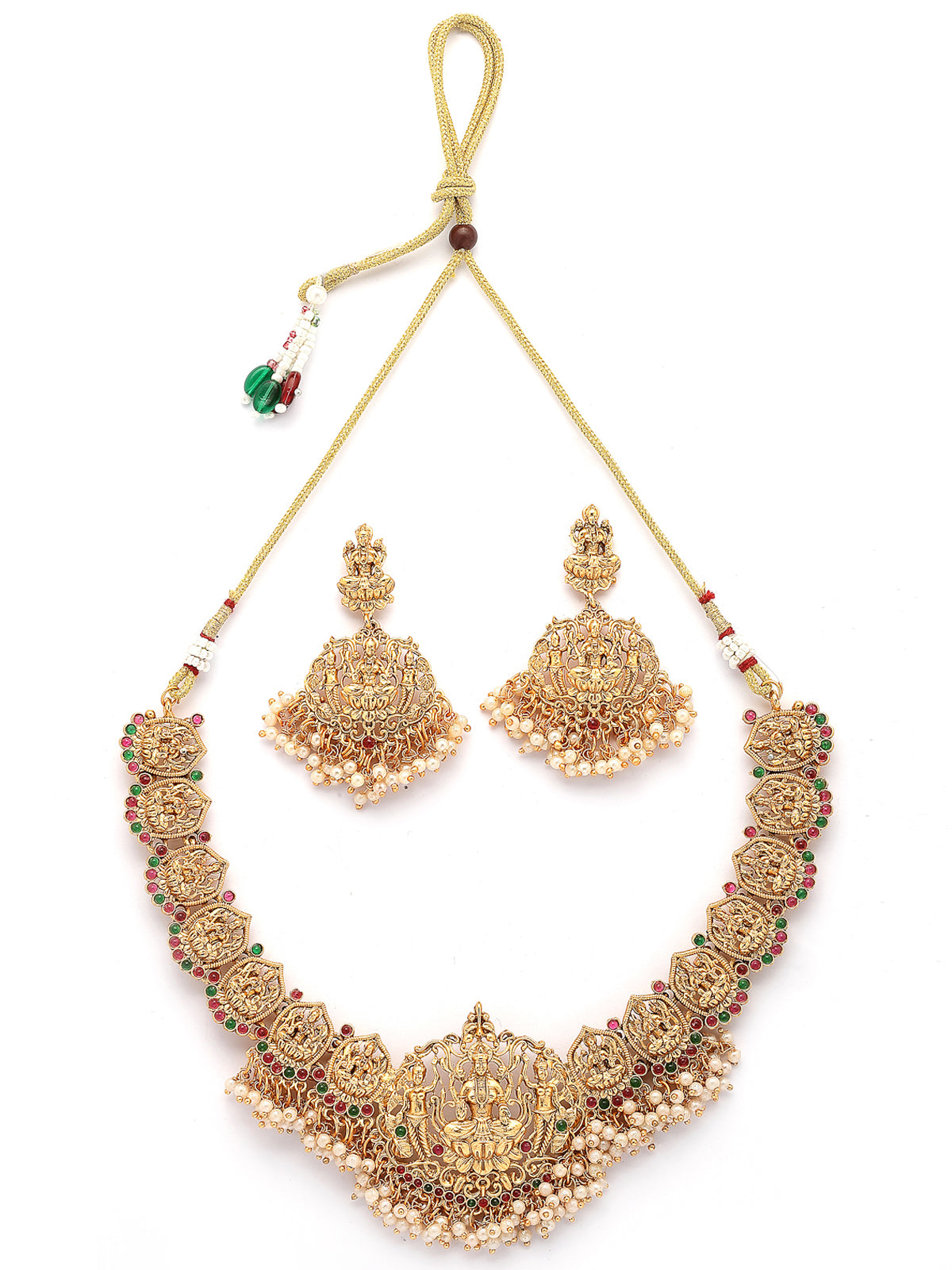 Sukkhi South Indian Traditional Matte Gold Plated Maharani Haar Red Green Choker Necklace with Dangle Earring Jewellery Set for Women & Girls|NS107414