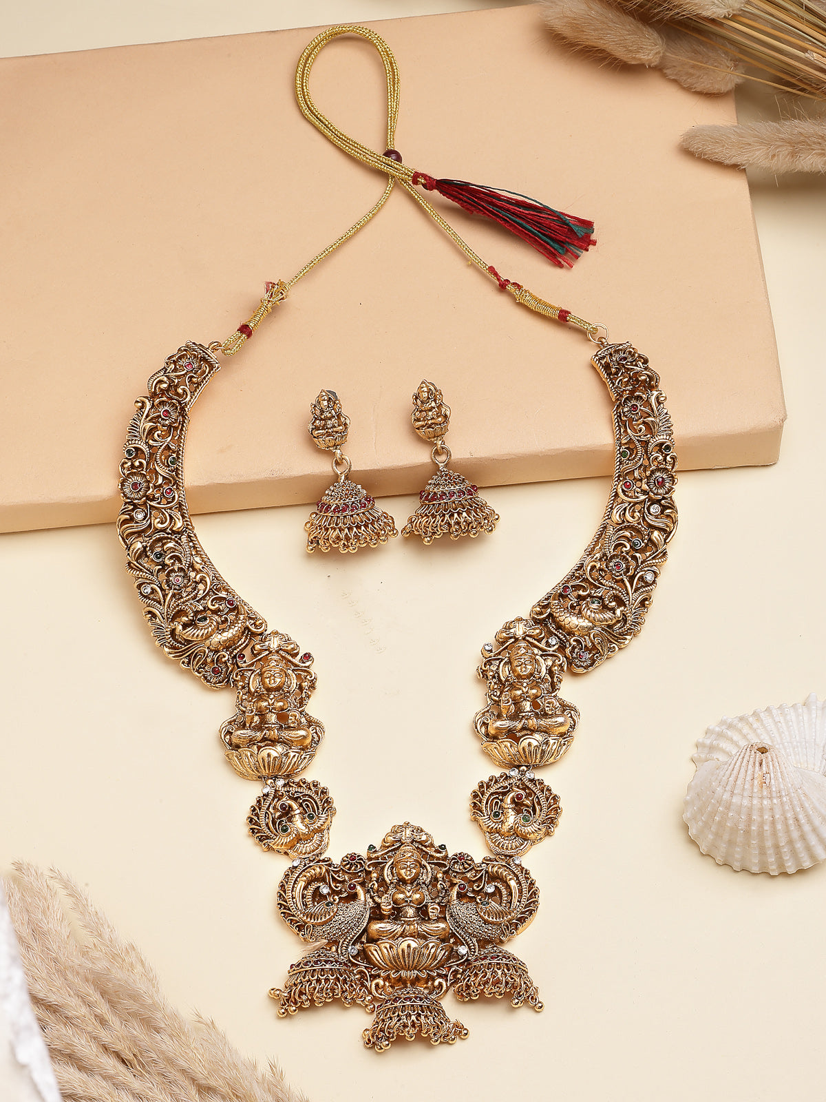 Sukkhi South Indian Traditional Temple Gold Plated long Necklace with Jhumka/Jhumki Earring Jewellery Set for Women & Girls|NS107415