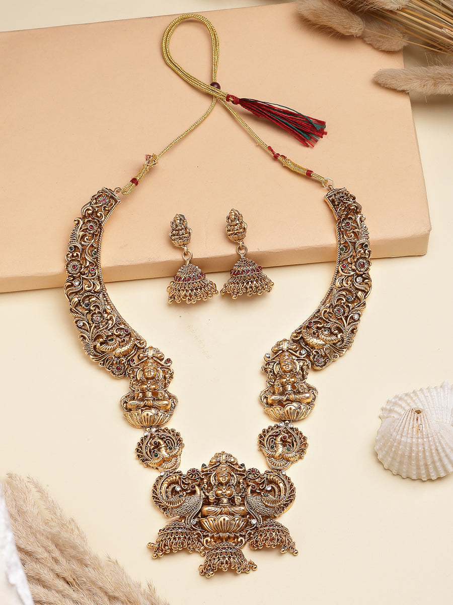 Sukkhi South Indian Traditional Temple Gold Plated long Necklace with Jhumka/Jhumki Earring Jewellery Set for Women & Girls|NS107415