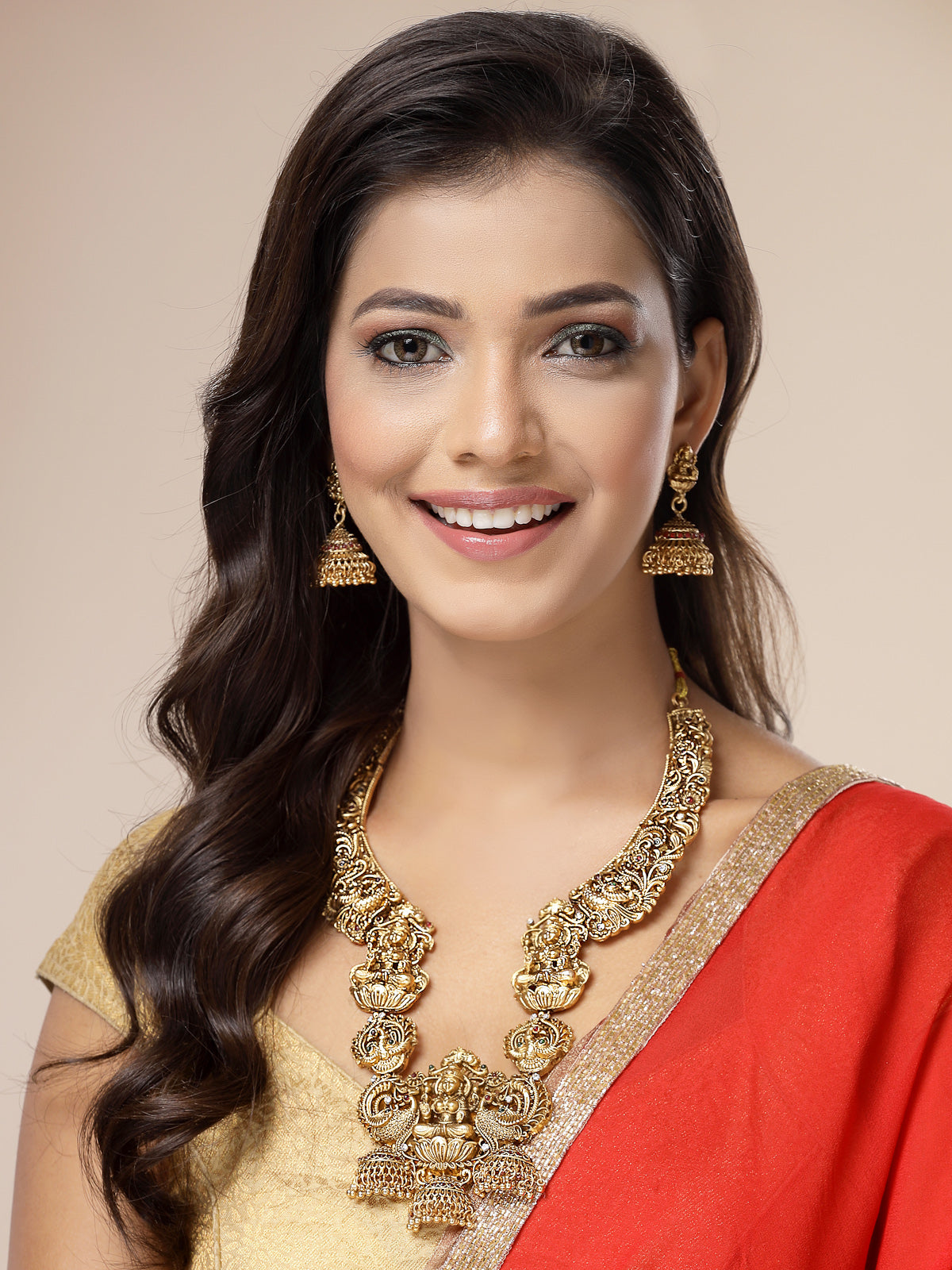 Sukkhi South Indian Traditional Temple Gold Plated long Necklace with Jhumka/Jhumki Earring Jewellery Set for Women & Girls|NS107415