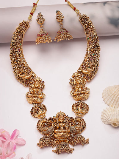 Sukkhi South Indian Traditional Temple Gold Plated long Necklace with Jhumka/Jhumki Earring Jewellery Set for Women & Girls|NS107415