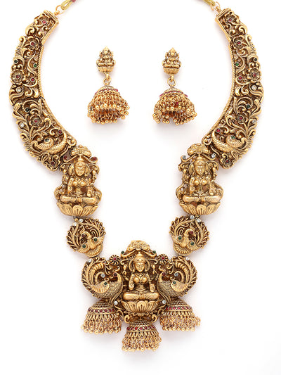Sukkhi South Indian Traditional Temple Gold Plated long Necklace with Jhumka/Jhumki Earring Jewellery Set for Women & Girls|NS107415