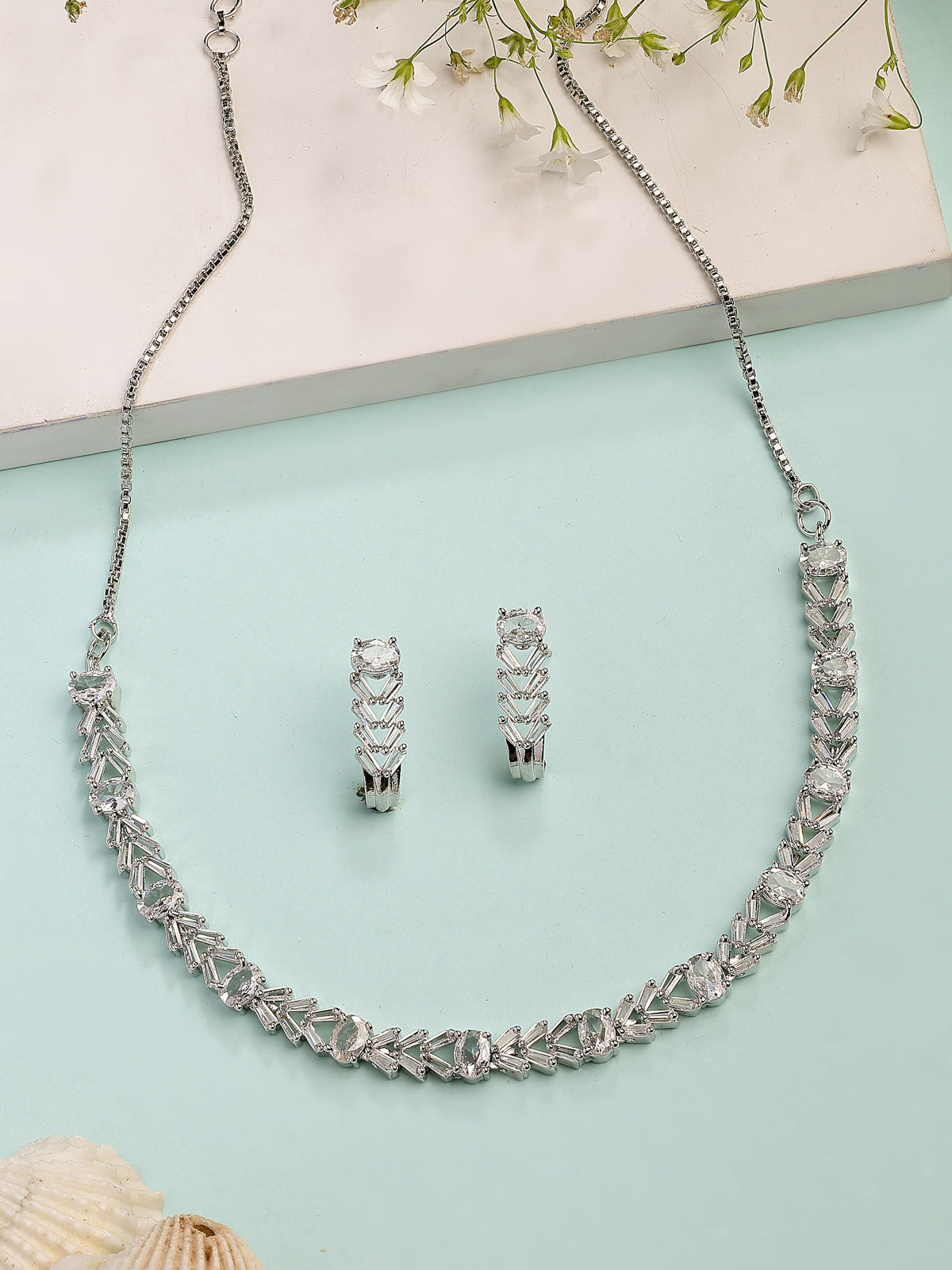 Sukkhi Sophisticated Stylish Rhodium Silver Toned Plated American Diamond Studded Choker Necklace With Drop Earrings Jewellery Set for Women & Girls|NS107416