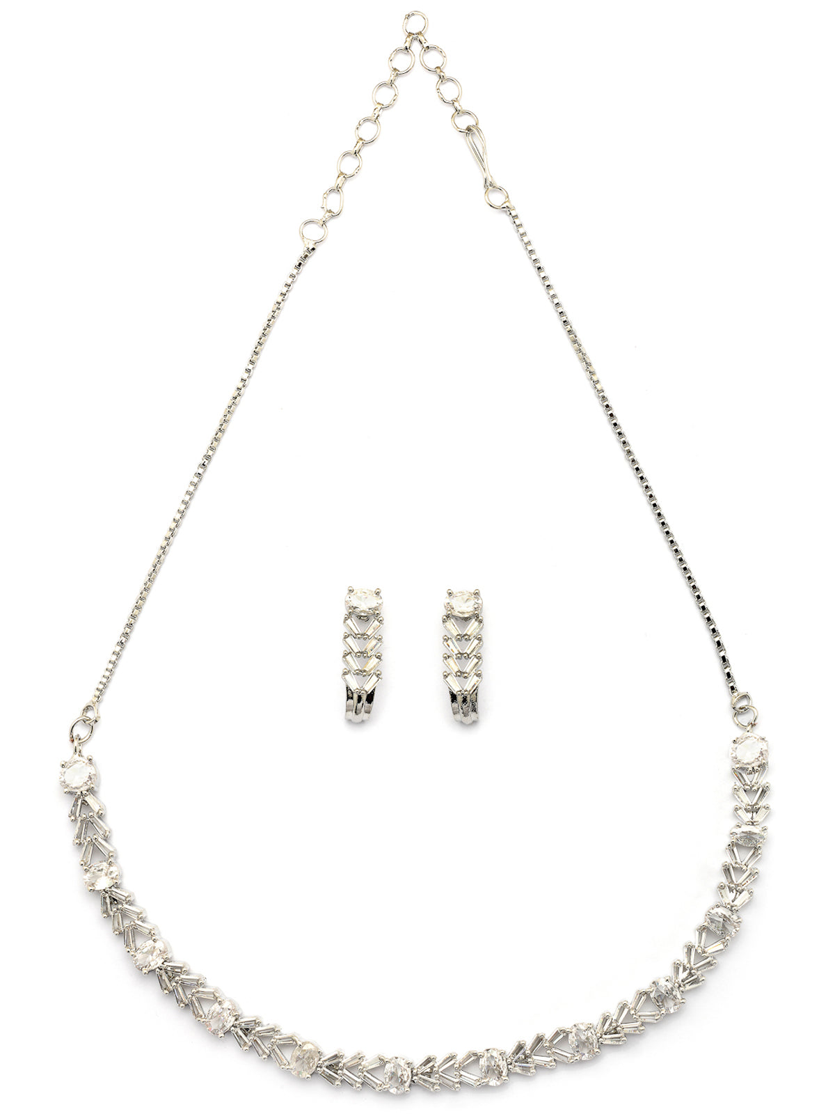 Sukkhi Sophisticated Stylish Rhodium Silver Toned Plated American Diamond Studded Choker Necklace With Drop Earrings Jewellery Set for Women & Girls|NS107416