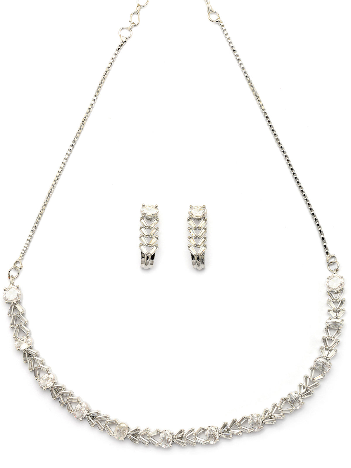 Sukkhi Sophisticated Stylish Rhodium Silver Toned Plated American Diamond Studded Choker Necklace With Drop Earrings Jewellery Set for Women & Girls|NS107416