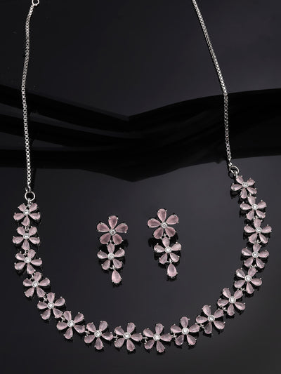 Sukkhi Attractive Rhodium Plated Silver Toned with American Diamond Studded Floral Shaped Pink Choker Necklace with Drop Earring Jewellery Set For Women & Girls|NS107417