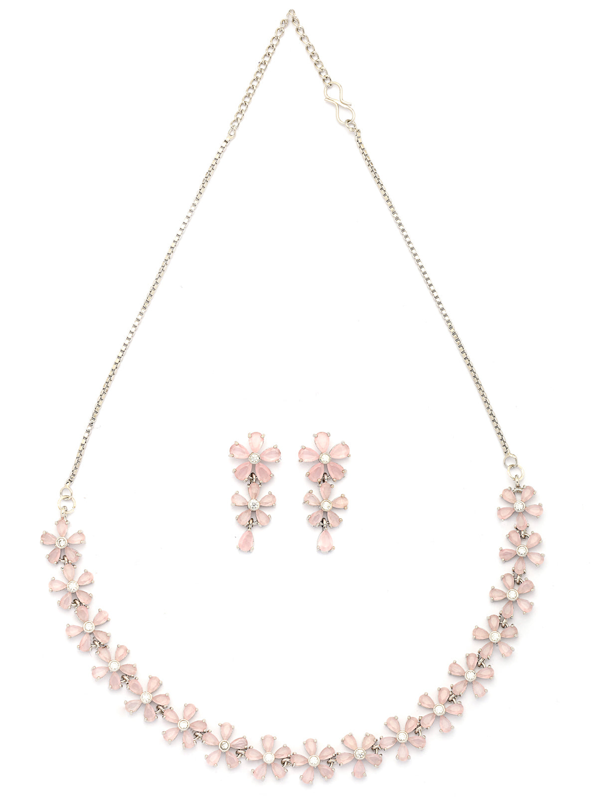 Sukkhi Attractive Rhodium Plated Silver Toned with American Diamond Studded Floral Shaped Pink Choker Necklace with Drop Earring Jewellery Set For Women & Girls|NS107417