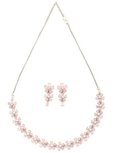 Sukkhi Attractive Rhodium Plated Silver Toned with American Diamond Studded Floral Shaped Pink Choker Necklace with Drop Earring Jewellery Set For Women & Girls|NS107417