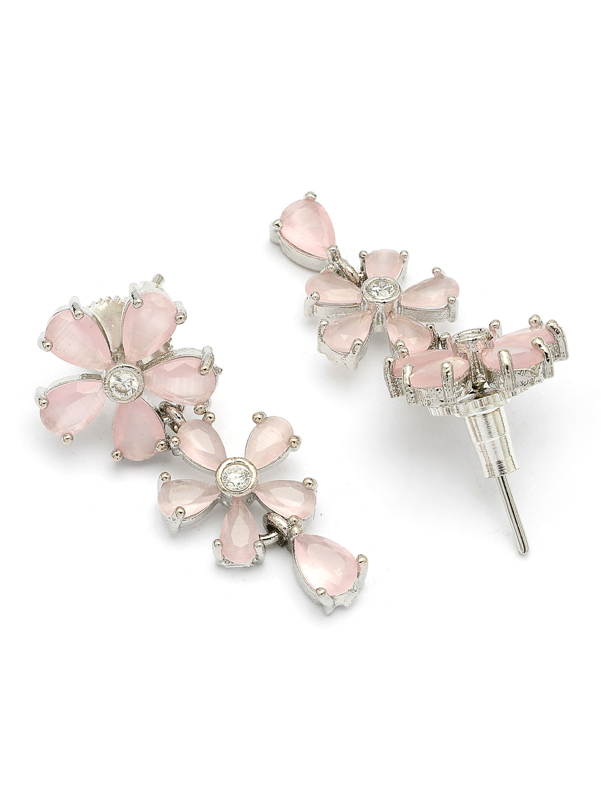 Sukkhi Attractive Rhodium Plated Silver Toned with American Diamond Studded Floral Shaped Pink Choker Necklace with Drop Earring Jewellery Set For Women & Girls|NS107417