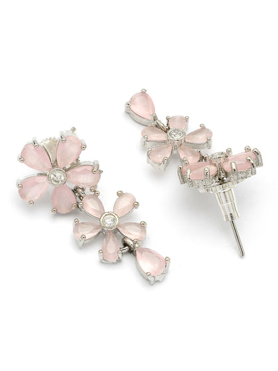 Sukkhi Attractive Rhodium Plated Silver Toned with American Diamond Studded Floral Shaped Pink Choker Necklace with Drop Earring Jewellery Set For Women & Girls|NS107417