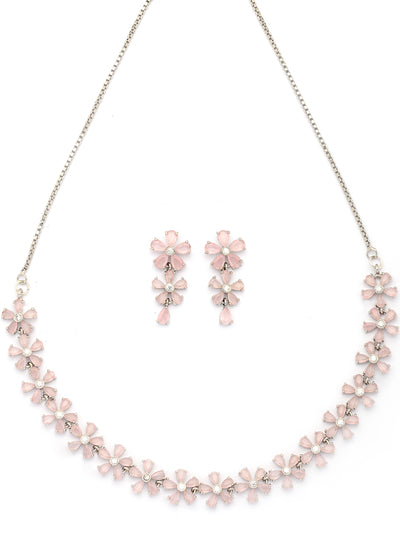 Sukkhi Attractive Rhodium Plated Silver Toned with American Diamond Studded Floral Shaped Pink Choker Necklace with Drop Earring Jewellery Set For Women & Girls|NS107417