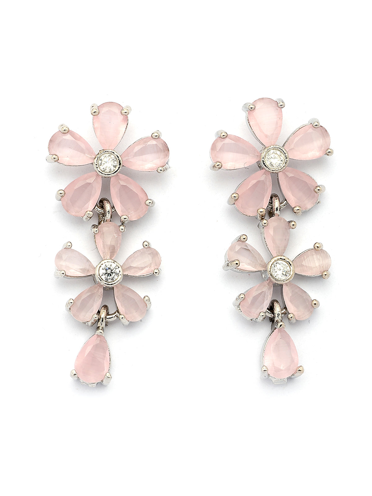 Sukkhi Attractive Rhodium Plated Silver Toned with American Diamond Studded Floral Shaped Pink Choker Necklace with Drop Earring Jewellery Set For Women & Girls|NS107417