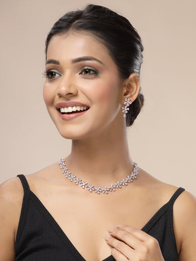 Sukkhi Attractive Rhodium Plated Silver Toned with American Diamond Studded Floral Shaped Pink Choker Necklace with Drop Earring Jewellery Set For Women & Girls|NS107417
