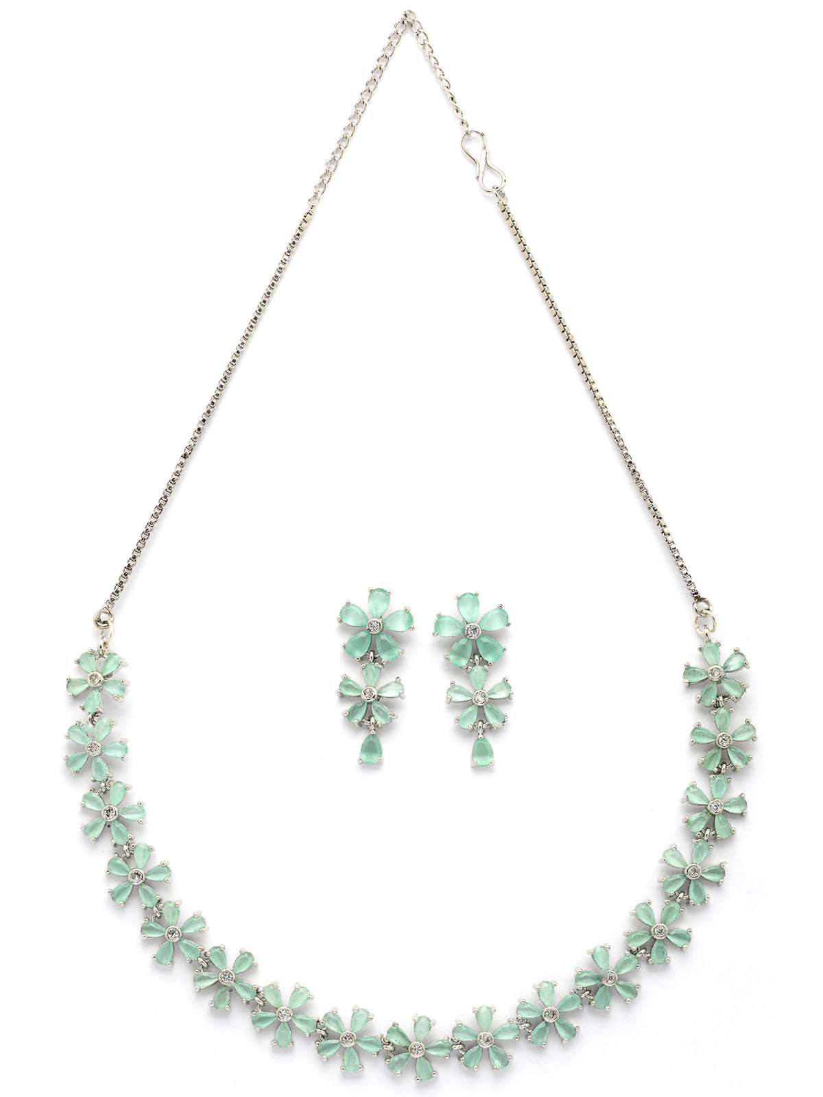Sukkhi Attractive Rhodium Plated Silver Toned with American Diamond Studded Floral Shaped Sea Green Choker Necklace with Drop Earring Jewellery Set For Women & Girls|NS107418