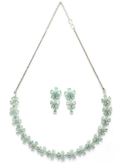 Sukkhi Attractive Rhodium Plated Silver Toned with American Diamond Studded Floral Shaped Sea Green Choker Necklace with Drop Earring Jewellery Set For Women & Girls|NS107418