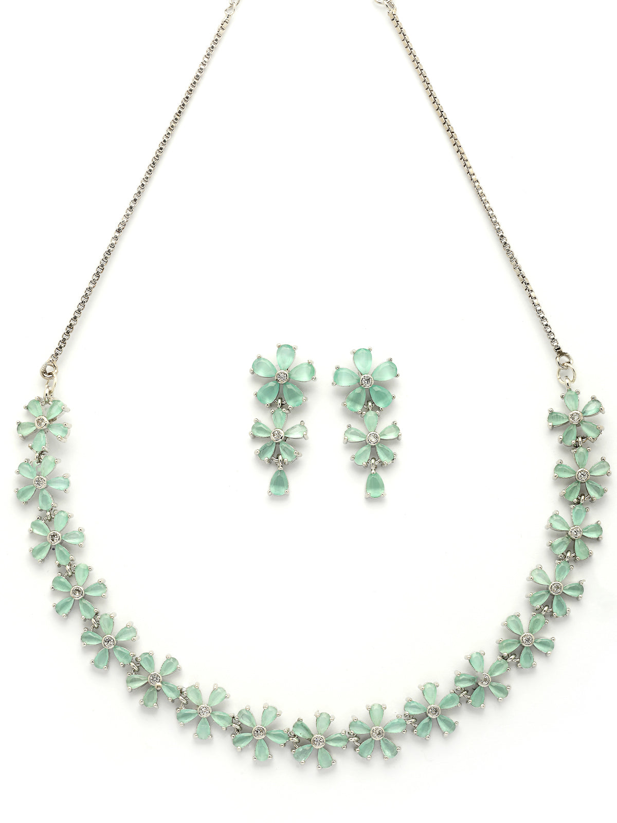 Sukkhi Attractive Rhodium Plated Silver Toned with American Diamond Studded Floral Shaped Sea Green Choker Necklace with Drop Earring Jewellery Set For Women & Girls|NS107418