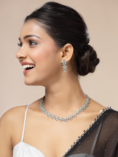Sukkhi Attractive Rhodium Plated Silver Toned with American Diamond Studded Floral Shaped Sea Green Choker Necklace with Drop Earring Jewellery Set For Women & Girls|NS107418