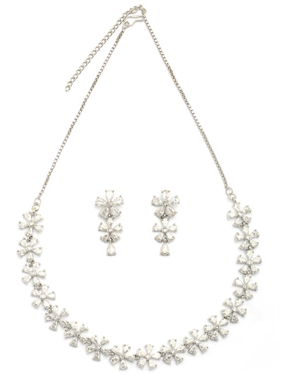 Sukkhi Attractive Rhodium Plated Silver Toned with American Diamond Studded Floral Shaped Choker Necklace with Drop Earring Jewellery Set For Women & Girls|NS107419