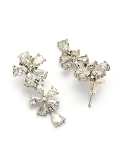 Sukkhi Attractive Rhodium Plated Silver Toned with American Diamond Studded Floral Shaped Choker Necklace with Drop Earring Jewellery Set For Women & Girls|NS107419