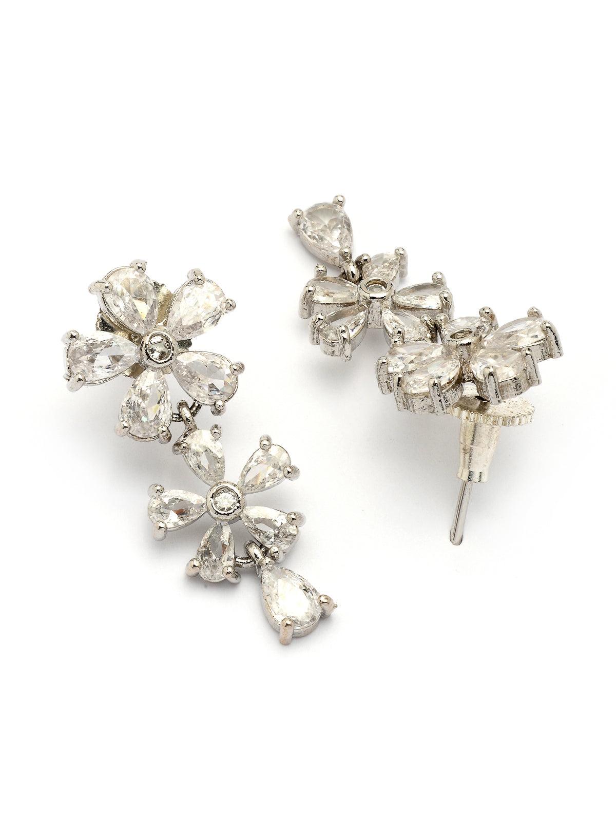 Sukkhi Attractive Rhodium Plated Silver Toned with American Diamond Studded Floral Shaped Choker Necklace with Drop Earring Jewellery Set For Women & Girls|NS107419