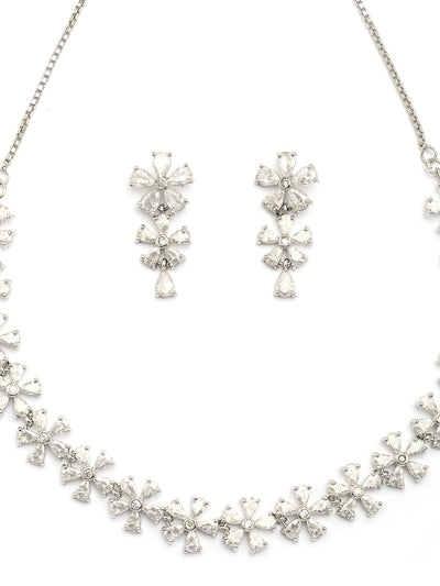 Sukkhi Attractive Rhodium Plated Silver Toned with American Diamond Studded Floral Shaped Choker Necklace with Drop Earring Jewellery Set For Women & Girls|NS107419
