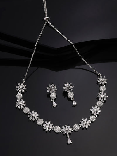 Sukkhi Decent Stylish Fashionable Rhodium Plated Silver Toned with American Diamond Studded Floral Shaped White Choker Necklace with Drop Earrings Jewellery Set For Women & Girls|NS107420