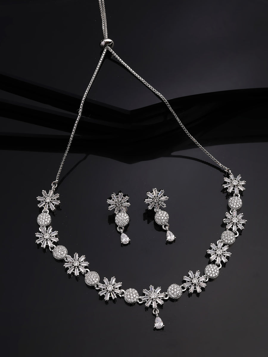 Sukkhi Decent Stylish Fashionable Rhodium Plated Silver Toned with American Diamond Studded Floral Shaped White Choker Necklace with Drop Earrings Jewellery Set For Women & Girls|NS107420