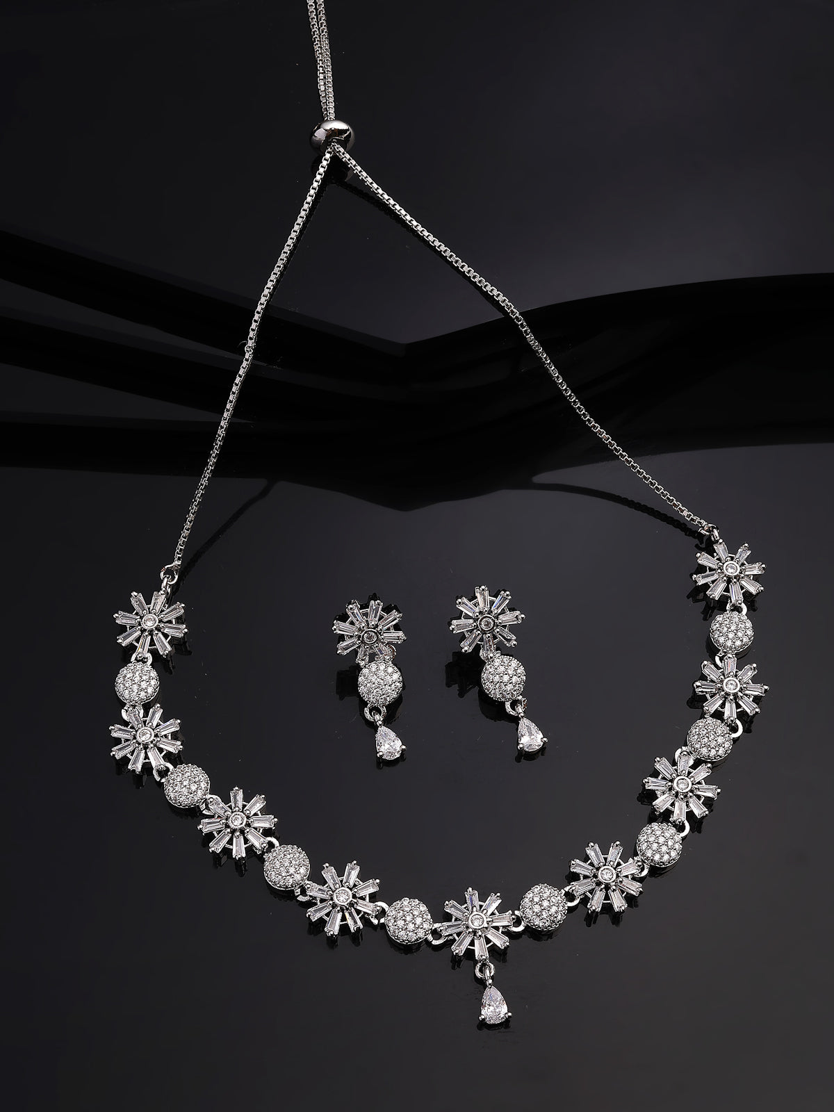 Sukkhi Decent Stylish Fashionable Rhodium Plated Silver Toned with American Diamond Studded Floral Shaped White Choker Necklace with Drop Earrings Jewellery Set For Women & Girls|NS107420