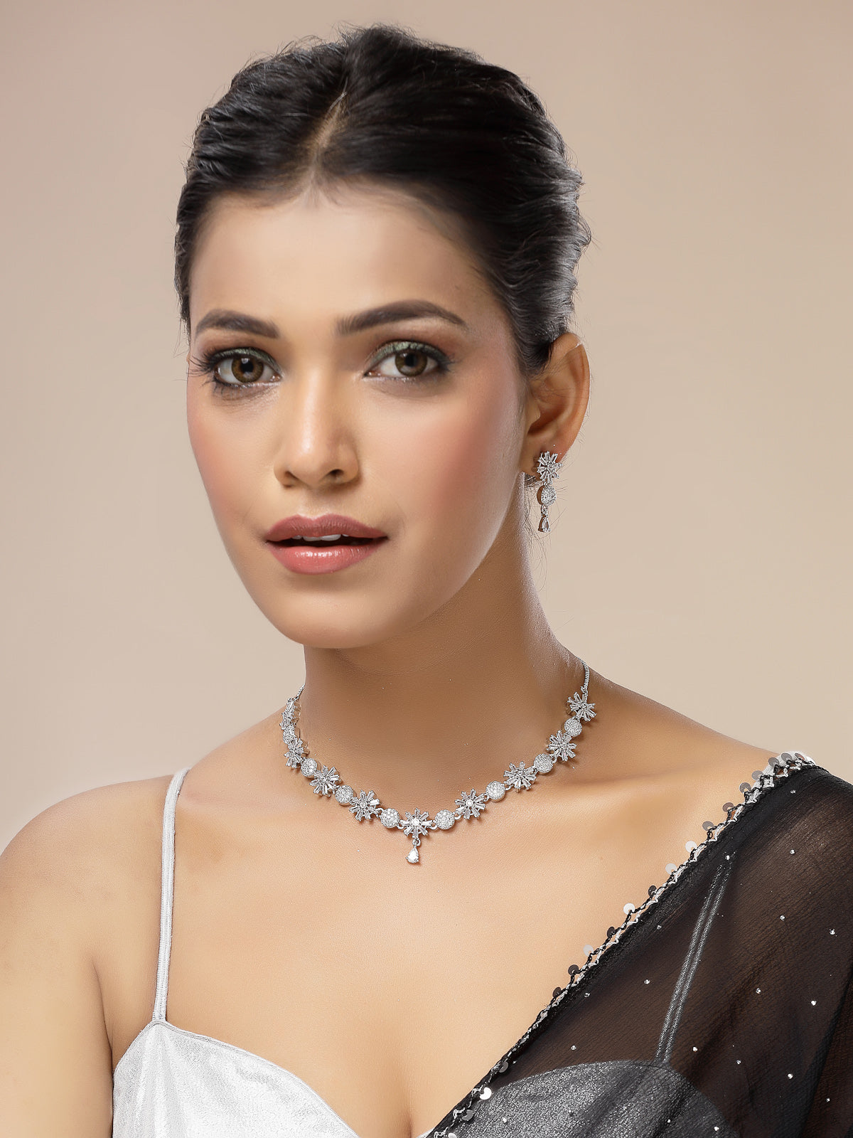 Sukkhi Decent Stylish Fashionable Rhodium Plated Silver Toned with American Diamond Studded Floral Shaped White Choker Necklace with Drop Earrings Jewellery Set For Women & Girls|NS107420