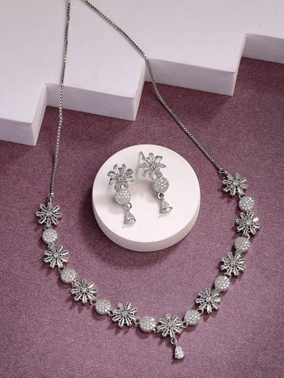 Sukkhi Decent Stylish Fashionable Rhodium Plated Silver Toned with American Diamond Studded Floral Shaped White Choker Necklace with Drop Earrings Jewellery Set For Women & Girls|NS107420
