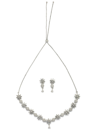Sukkhi Decent Stylish Fashionable Rhodium Plated Silver Toned with American Diamond Studded Floral Shaped White Choker Necklace with Drop Earrings Jewellery Set For Women & Girls|NS107420