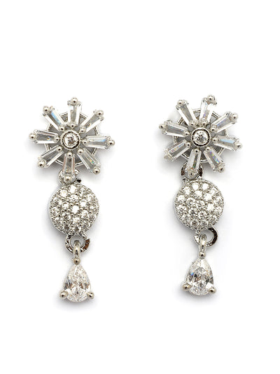 Sukkhi Decent Stylish Fashionable Rhodium Plated Silver Toned with American Diamond Studded Floral Shaped White Choker Necklace with Drop Earrings Jewellery Set For Women & Girls|NS107420