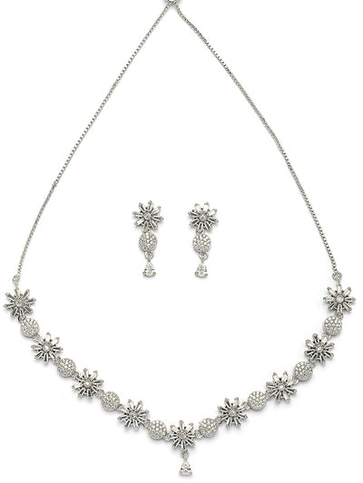 Sukkhi Decent Stylish Fashionable Rhodium Plated Silver Toned with American Diamond Studded Floral Shaped White Choker Necklace with Drop Earrings Jewellery Set For Women & Girls|NS107420