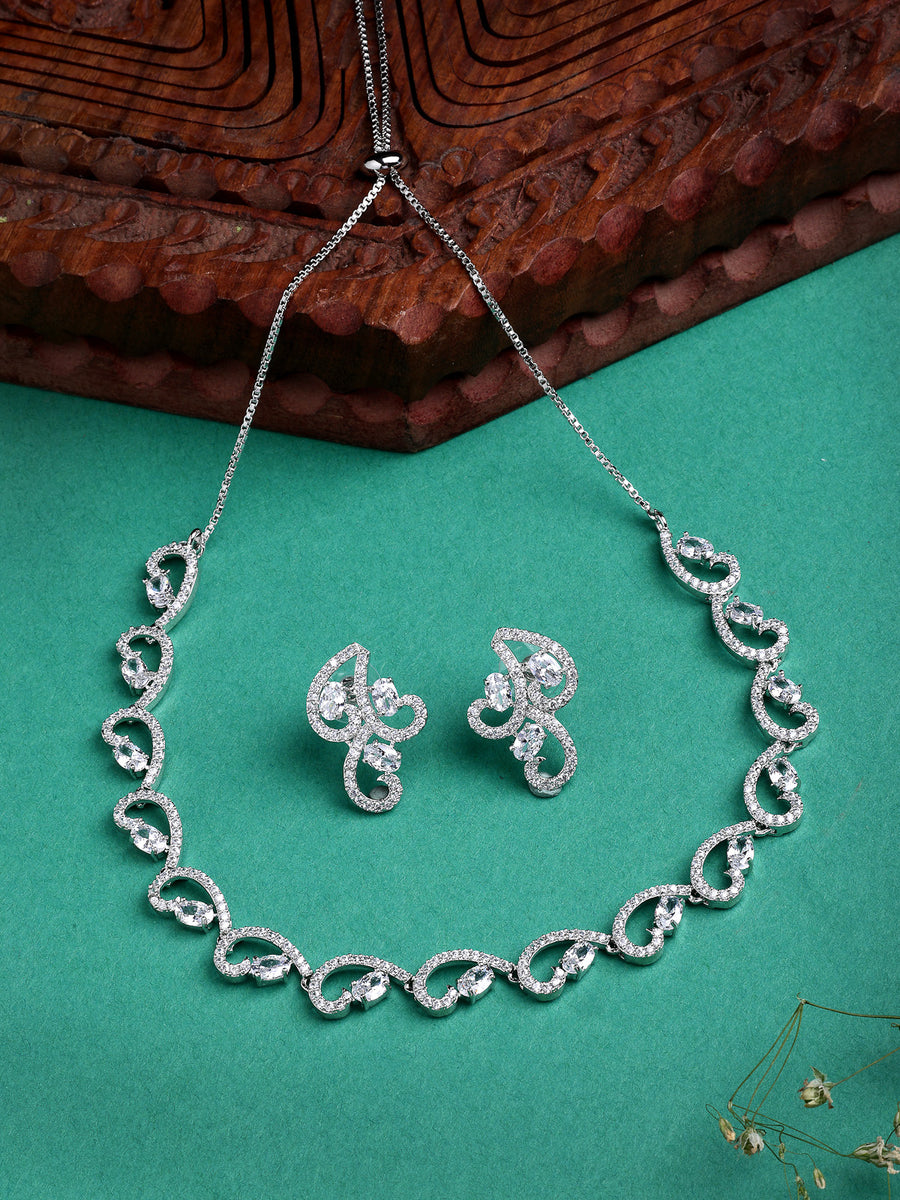 Sukkhi Western Fashion Style Rhodium Plated with Silver Toned Cubic Zirconia Stones Studded White Choker Necklace with Studs Earring Jewellery Set For Women & Girls|NS107422