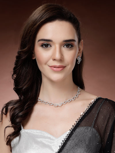 Sukkhi Western Fashion Style Rhodium Plated with Silver Toned Cubic Zirconia Stones Studded White Choker Necklace with Studs Earring Jewellery Set For Women & Girls|NS107422