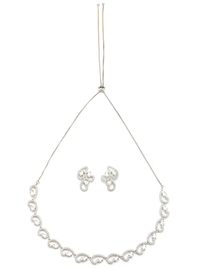 Sukkhi Western Fashion Style Rhodium Plated with Silver Toned Cubic Zirconia Stones Studded White Choker Necklace with Studs Earring Jewellery Set For Women & Girls|NS107422