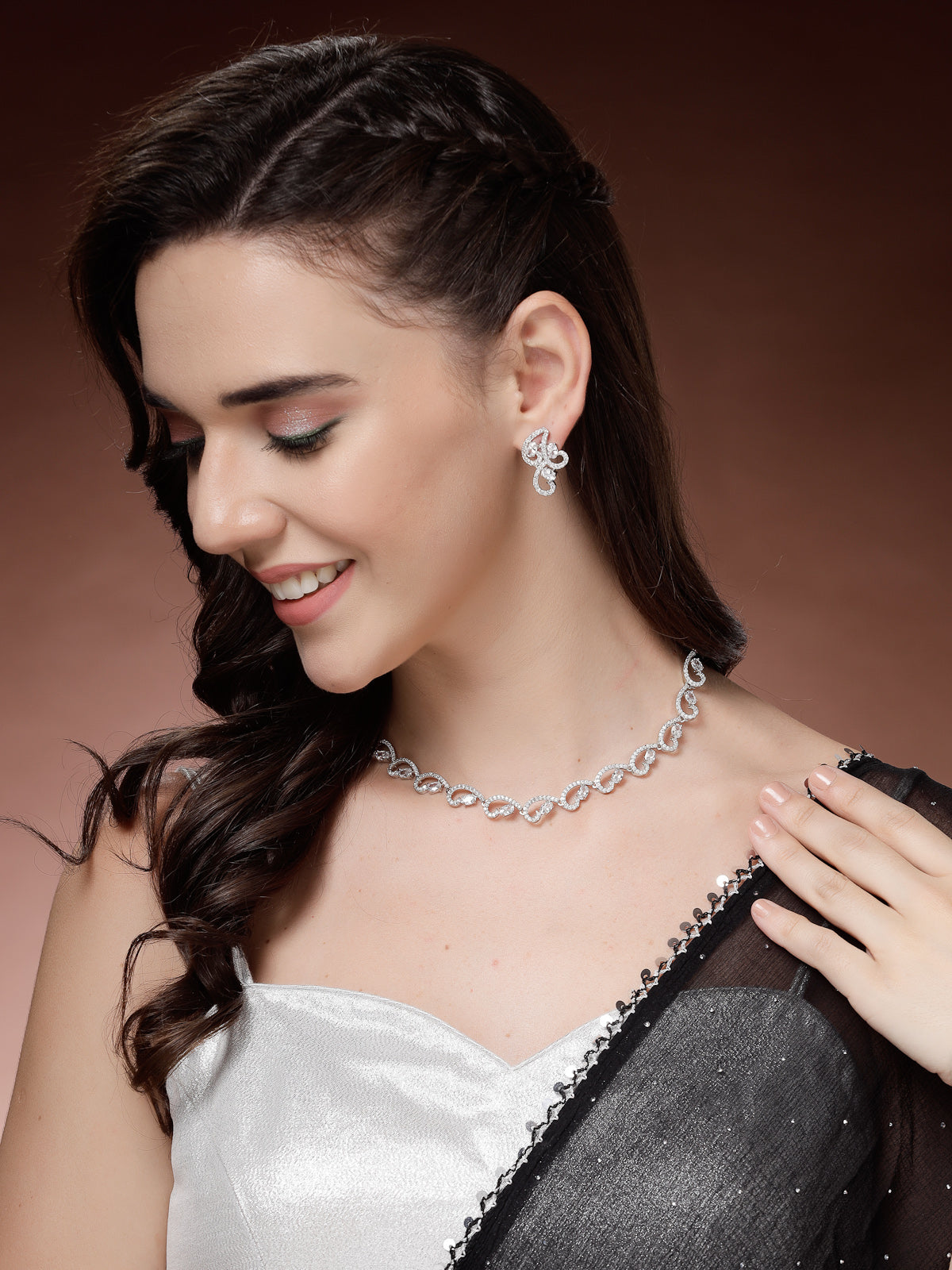 Sukkhi Western Fashion Style Rhodium Plated with Silver Toned Cubic Zirconia Stones Studded White Choker Necklace with Studs Earring Jewellery Set For Women & Girls|NS107422