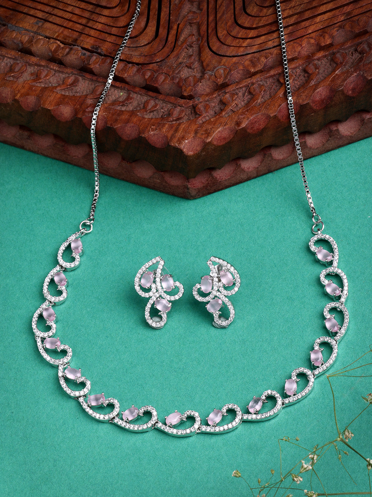 Sukkhi Western Fashion Style Rhodium Plated with Silver Toned Cubic Zirconia Stones Studded Pink Choker Necklace with Studs Earring Jewellery Set For Women & Girls|NS107423