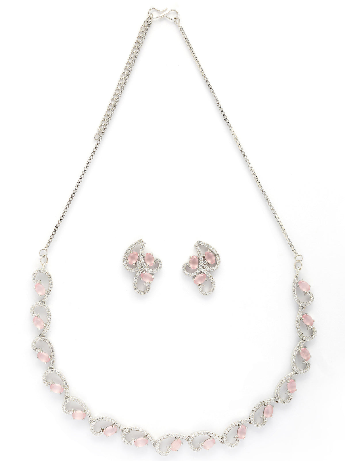 Sukkhi Western Fashion Style Rhodium Plated with Silver Toned Cubic Zirconia Stones Studded Pink Choker Necklace with Studs Earring Jewellery Set For Women & Girls|NS107423