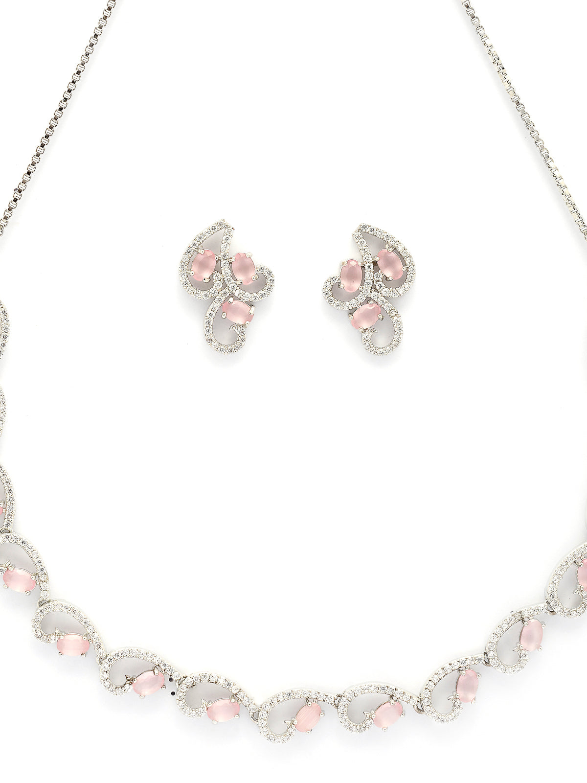 Sukkhi Western Fashion Style Rhodium Plated with Silver Toned Cubic Zirconia Stones Studded Pink Choker Necklace with Studs Earring Jewellery Set For Women & Girls|NS107423