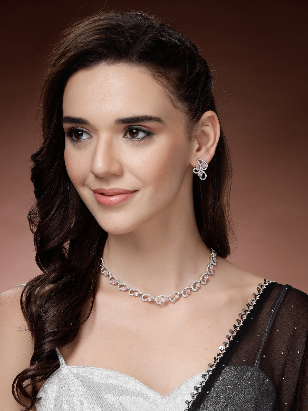 Sukkhi Western Fashion Style Rhodium Plated with Silver Toned Cubic Zirconia Stones Studded Pink Choker Necklace with Studs Earring Jewellery Set For Women & Girls|NS107423