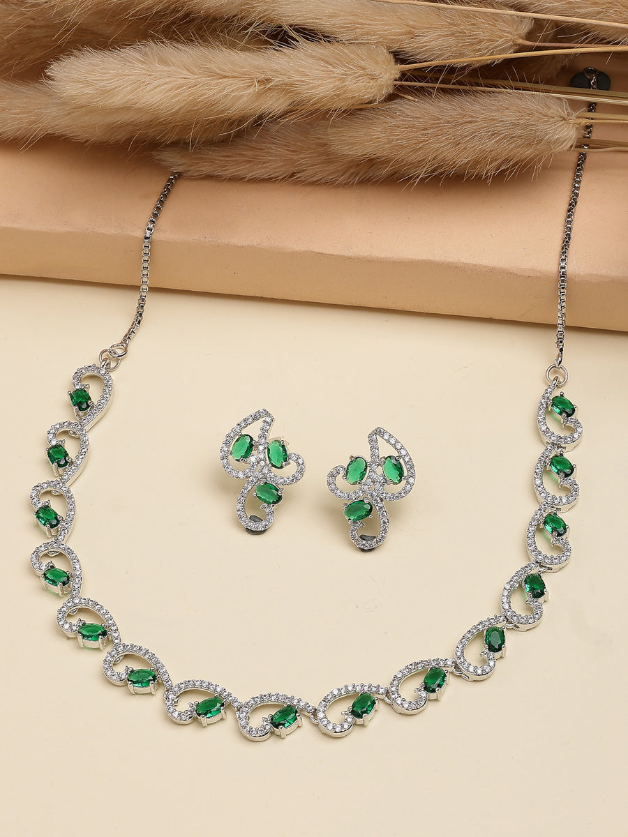 Sukkhi Western Fashion Style Rhodium Plated with Silver Toned Cubic Zirconia Stones Studded Green Choker Necklace with Studs Earring Jewellery Set For Women & Girls|NS107424