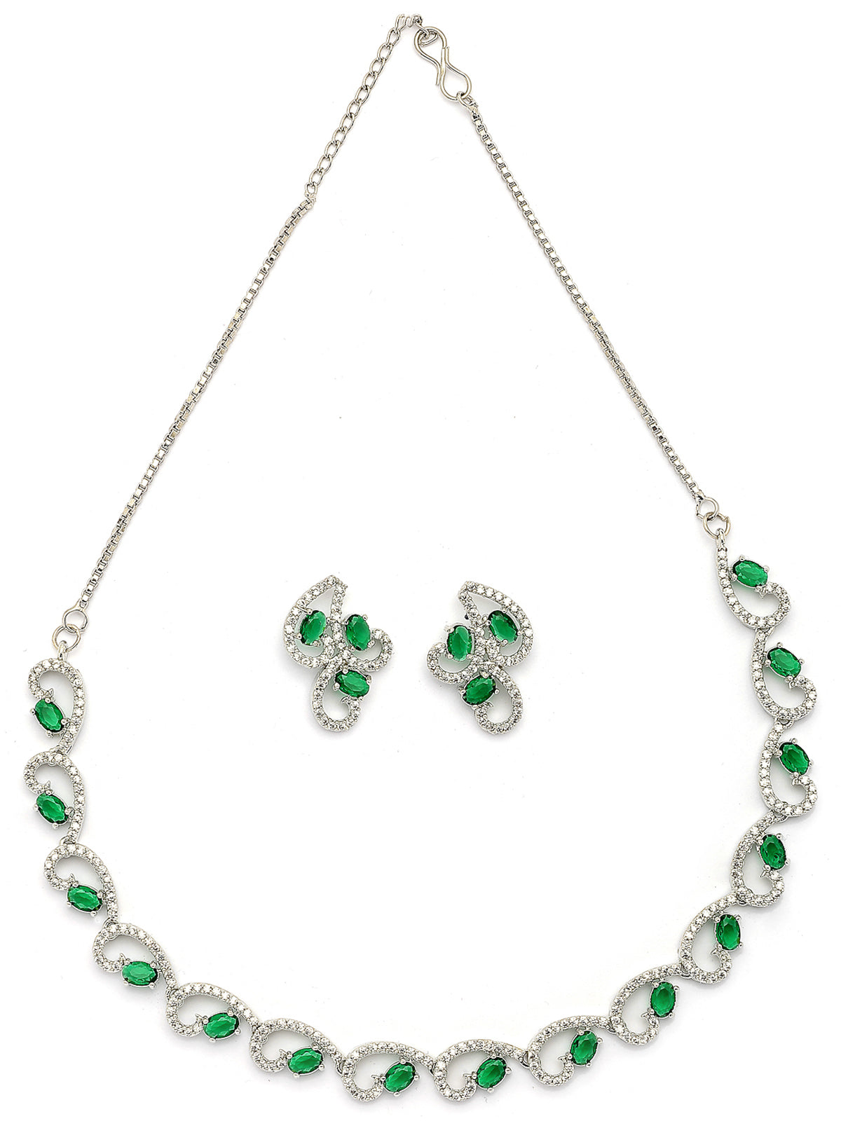 Sukkhi Western Fashion Style Rhodium Plated with Silver Toned Cubic Zirconia Stones Studded Green Choker Necklace with Studs Earring Jewellery Set For Women & Girls|NS107424