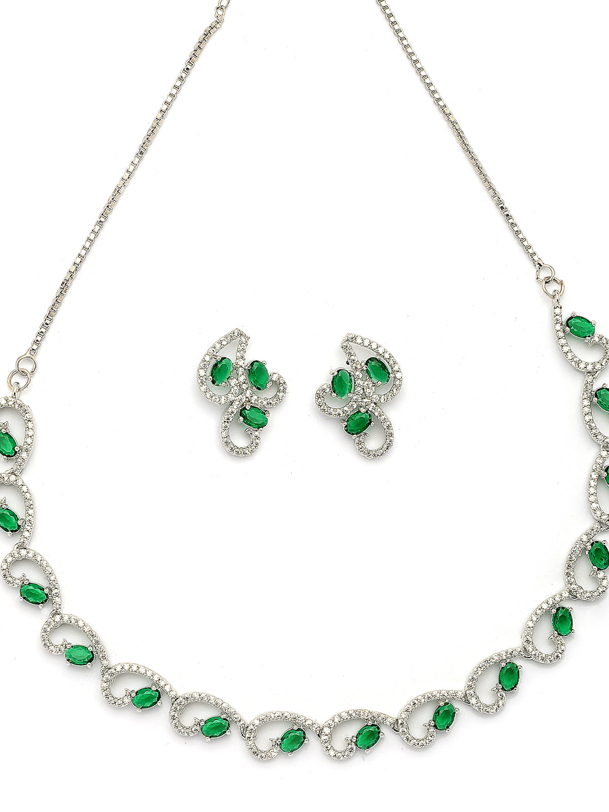 Sukkhi Western Fashion Style Rhodium Plated with Silver Toned Cubic Zirconia Stones Studded Green Choker Necklace with Studs Earring Jewellery Set For Women & Girls|NS107424