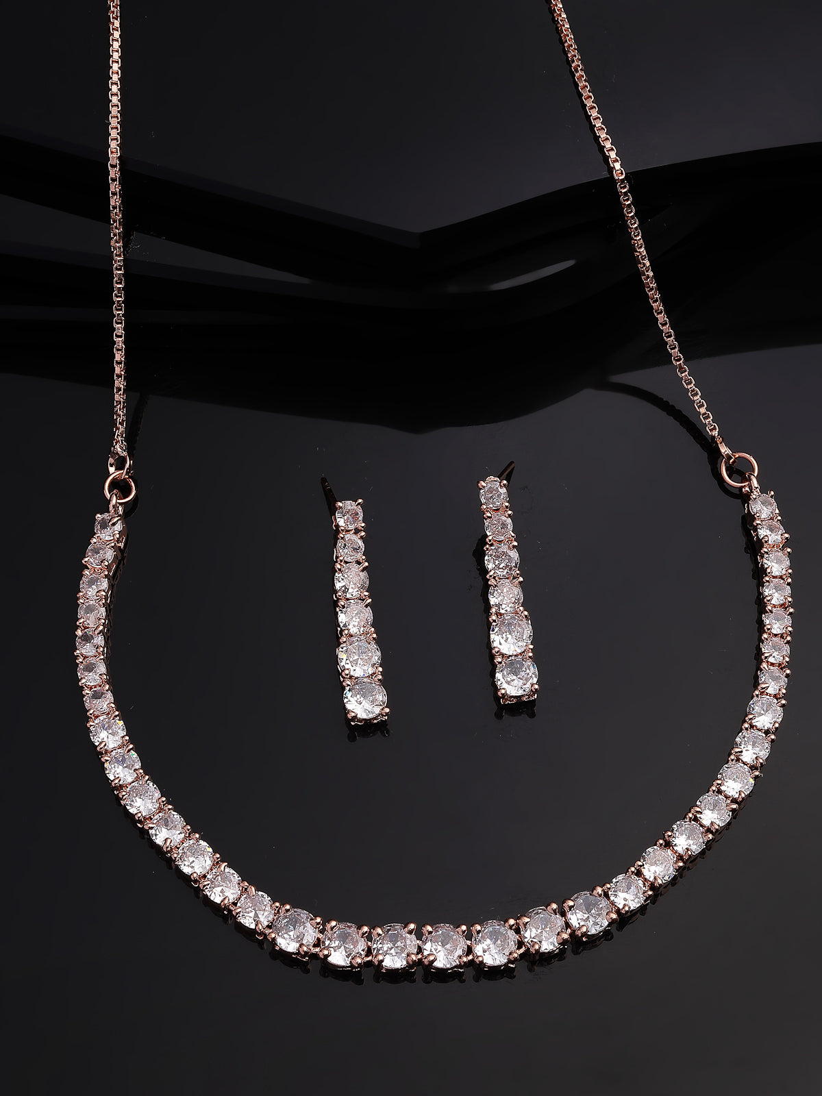 Sukkhi Classic Style American Diamond Studded Rose Gold Plated Handmade Circle Choker Necklace With Dangle Earrings Jewellery Set for Women & Girs|NS107427