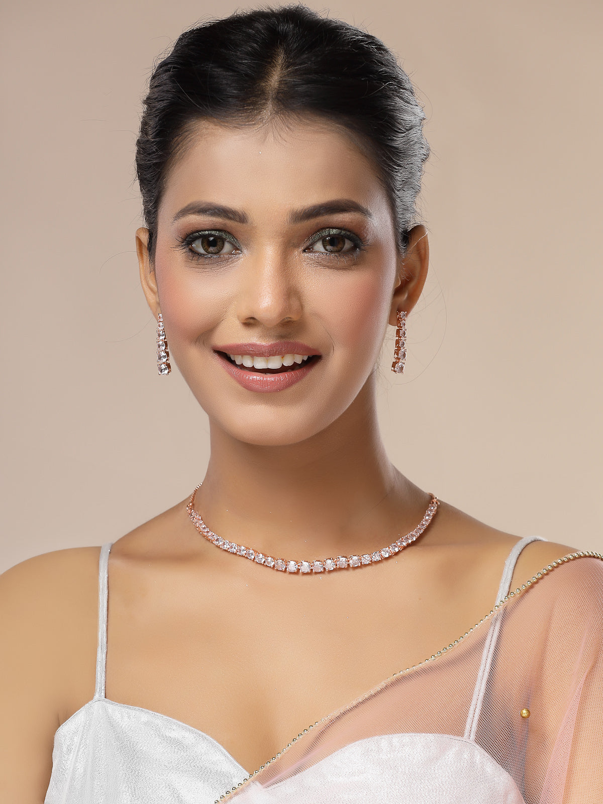 Sukkhi Classic Style American Diamond Studded Rose Gold Plated Handmade Circle Choker Necklace With Dangle Earrings Jewellery Set for Women & Girs|NS107427