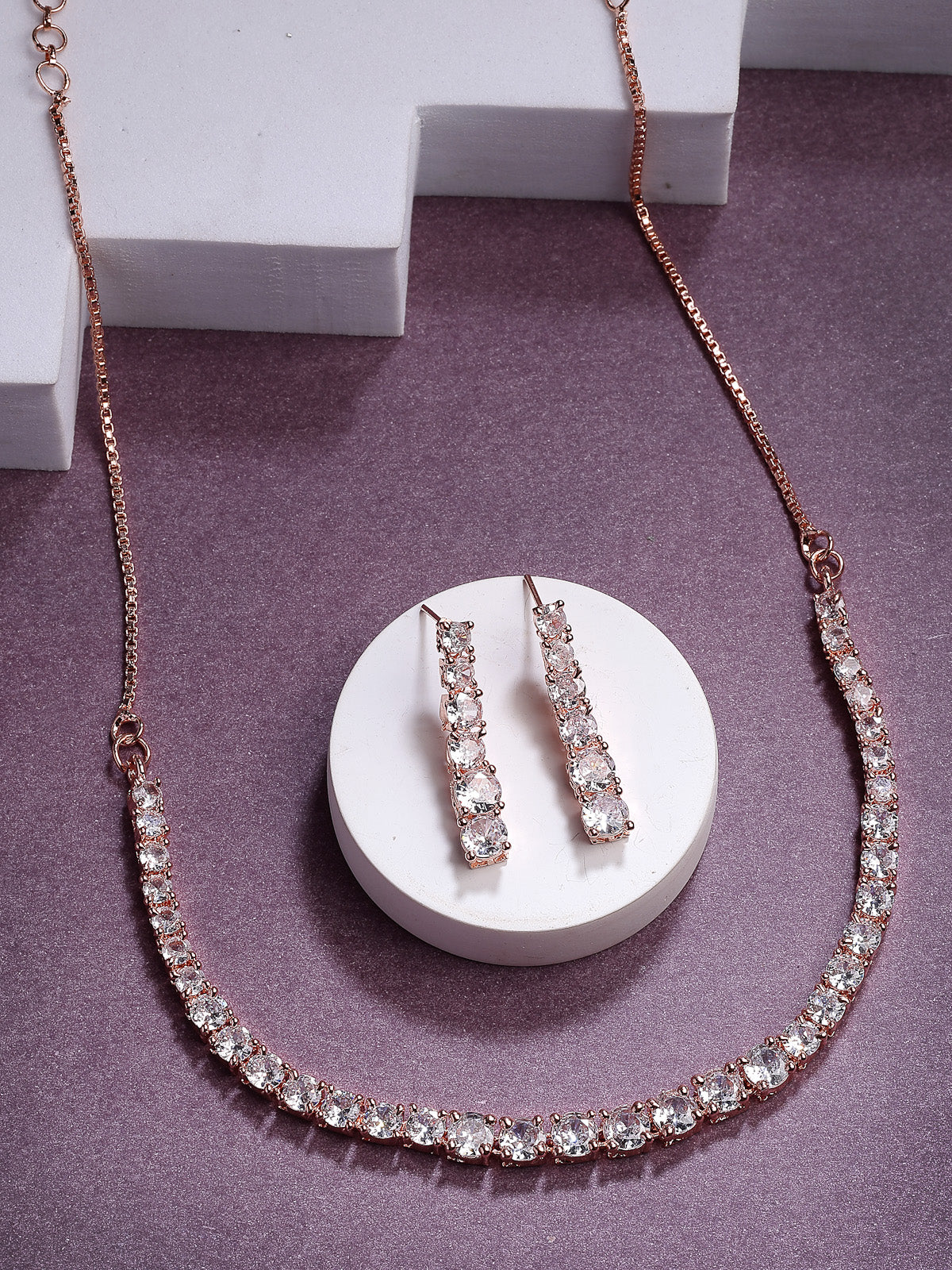 Sukkhi Classic Style American Diamond Studded Rose Gold Plated Handmade Circle Choker Necklace With Dangle Earrings Jewellery Set for Women & Girs|NS107427