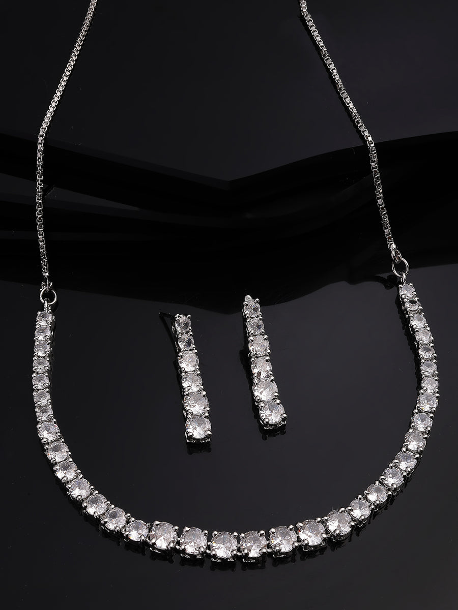 Sukkhi Classic Style American Diamond Studded Rhodium Silver Plated Handmade Circle White Choker Necklace With Dangle Earrings Jewellery Set for Women & Girs|NS107428