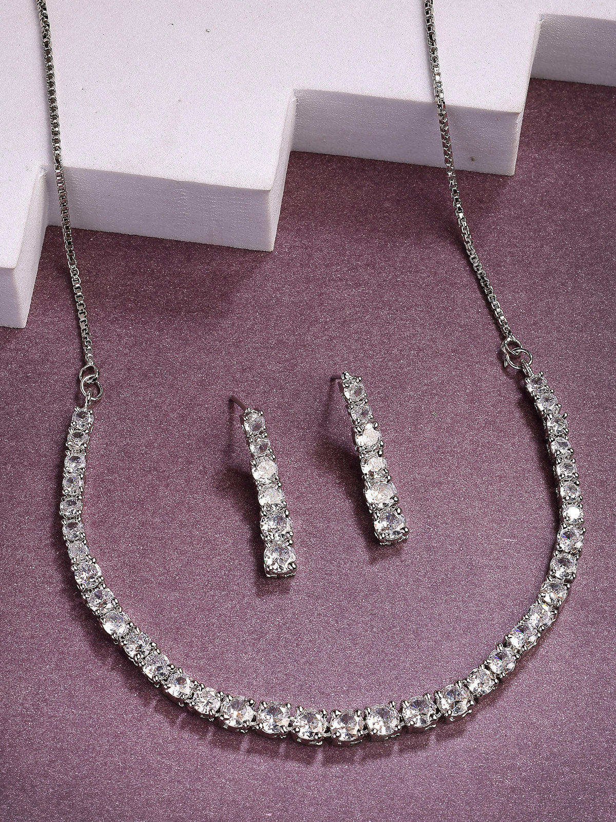 Sukkhi Classic Style American Diamond Studded Rhodium Silver Plated Handmade Circle White Choker Necklace With Dangle Earrings Jewellery Set for Women & Girs|NS107428