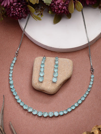 Sukkhi Classic Style American Diamond Studded Rhodium Silver Plated Handmade Circle Aqua Blue Choker Necklace With Dangle Earrings Jewellery Set for Women & Girs|NS107429